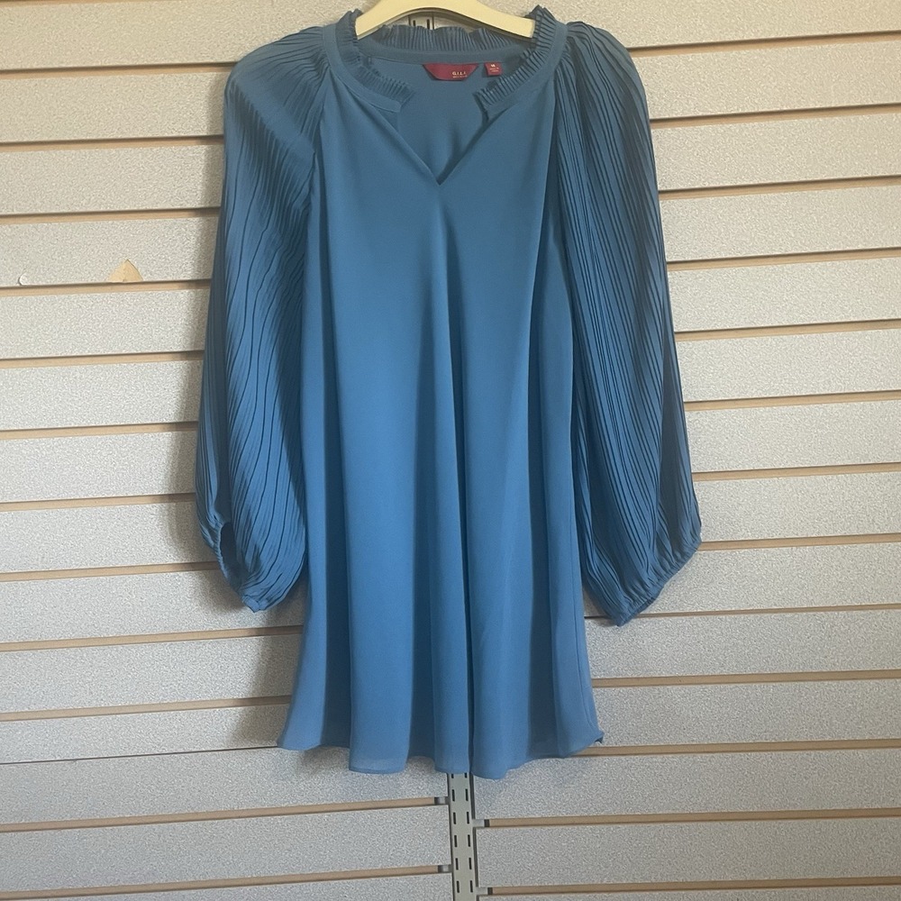 G.I.L.I.  Top Shirt Blouse 16 Business Casual Scrunched Long Sleeves Blue XL EUC